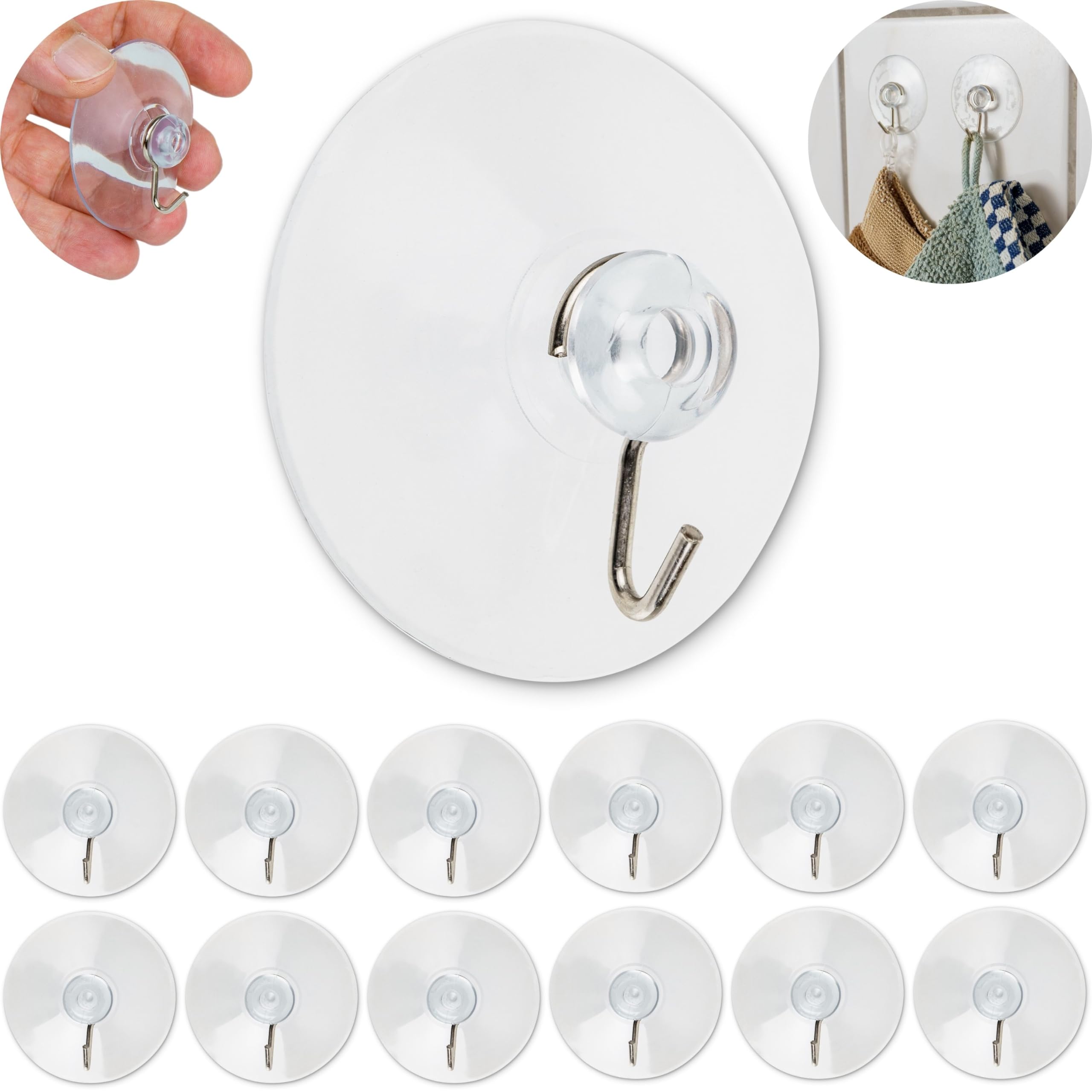 Suction Cup Hooks, 12 Pack, in Transparent, with Ø 2.17" suction cup and metal hook, multi-purpose hooks for bathroom, kitchen, wall tiles, mirror, suction hook set, universal hooks, suction cups