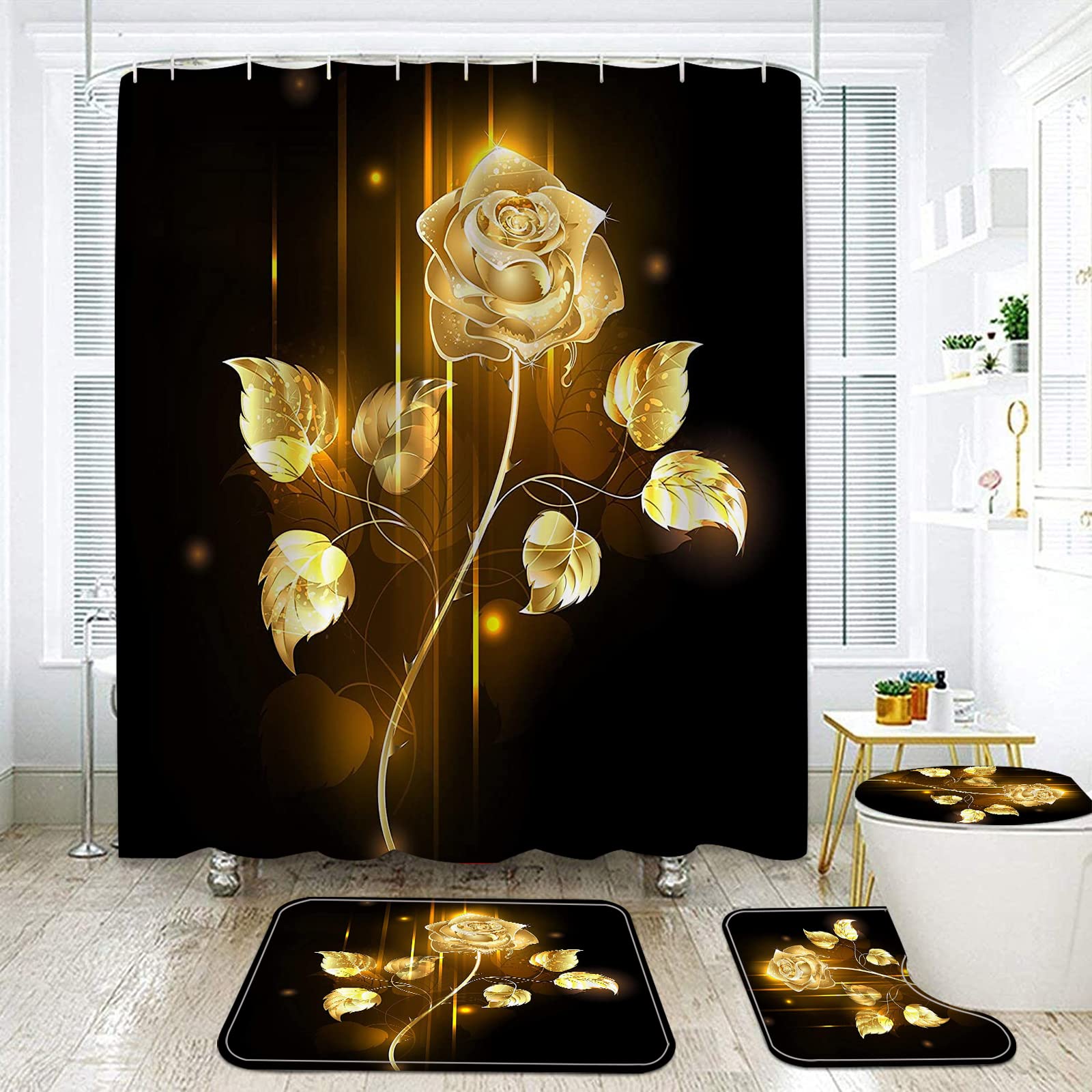 NEWSUYAA 4 Piece Black Shower Curtain with Bath Mats Bathroom Accessory SetS,Gold Rose Flower Fabric Bath Decor with Floral Waterproof Bathtub Curtains Bath Rugs and Toilet Seat Cover Hooks (Black)