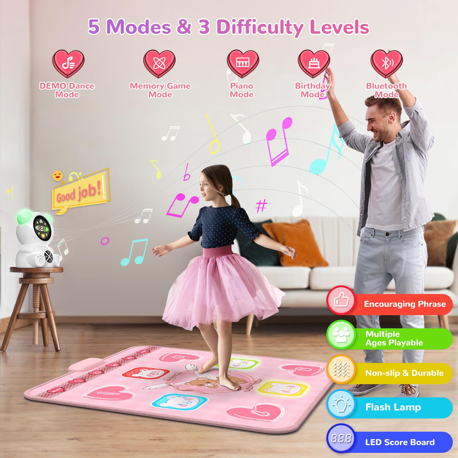 Acelufly Rechargeable Dance Mat Toys for Girls, Light Up Dance Pad with Wireless Bluetooth, Xmas B-Day Gifts for 3 4 5 6 7 8 9 10 11 12 Years Old Kids (Pink)