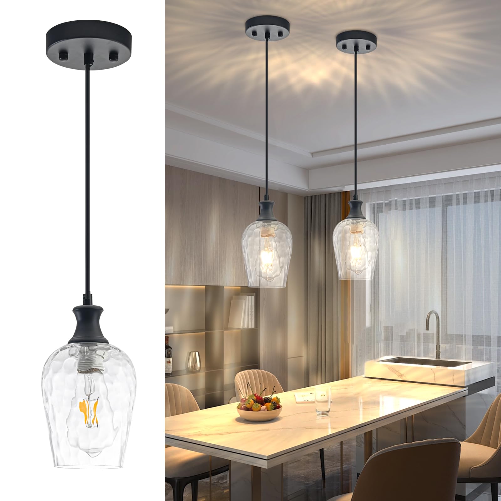 Photo 1 of JULiN HOME Glass Pendant Lights Kitchen Island, Farmhouse Black Pendant Light with Clear Hand-Blown Glass Shade, Modern Hammered Glass Hanging Light Fixture for Dining Room Bedroom Hallway Over Sink