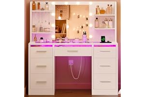 TEENFON Vanity Desk with Mirror and Lights, Makeup Vanity with Glass Top, RGB Lighted Drawers and Power Outlet, Dressing Tabl