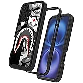 GUGU6JI Street Fashion Cool Camo Black Gray Shark Design Compatible with iPhone 16 Case for Boys Man Luxury Shockproof Rugged Cover Dual Layer Soft TPU + Hard PC Bumper Full-Body Protective Case