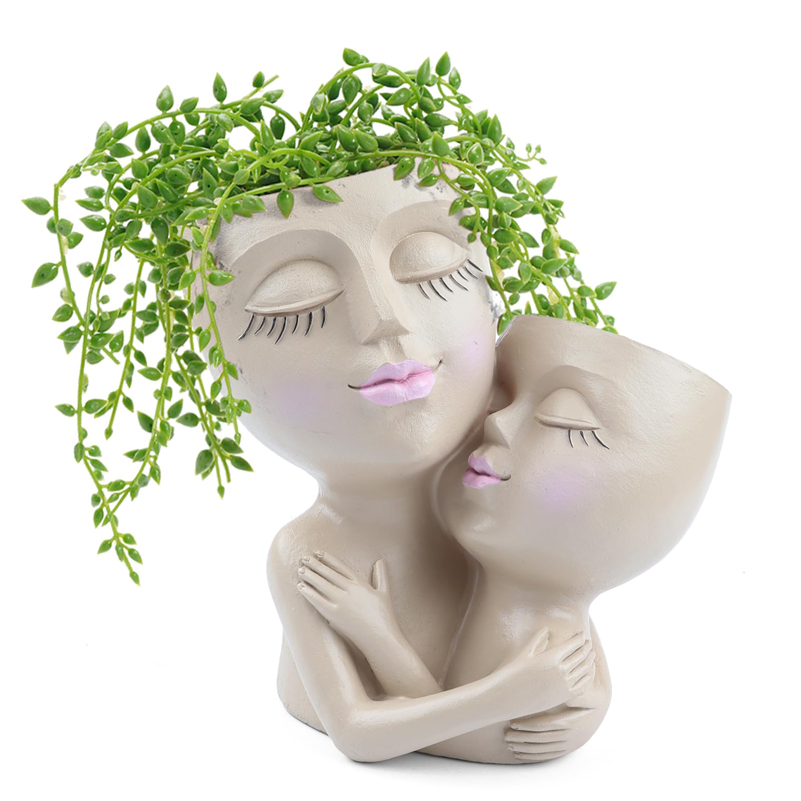 EZESO Double Face Planter Pot Girl Face Flower Pots,Cute Faces Plant Pot Art Resin Head Planter with Drainage Hole Cute Lady Face Plant Pots for Indoor Outdoor Plants (beige)