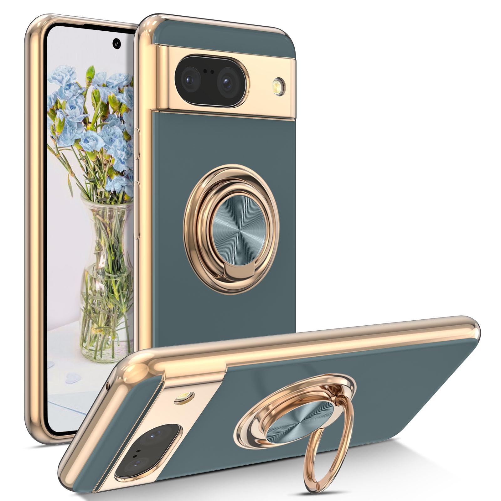 EYZUTAK Electroplated Magnetic Ring Holder Case for Google Pixel 8a, 360 Degree with Rotation Metal Anti-fall Finger Ring Holder Magnet Car Holder Slim Soft Silicone Shockproof Cover - Gray