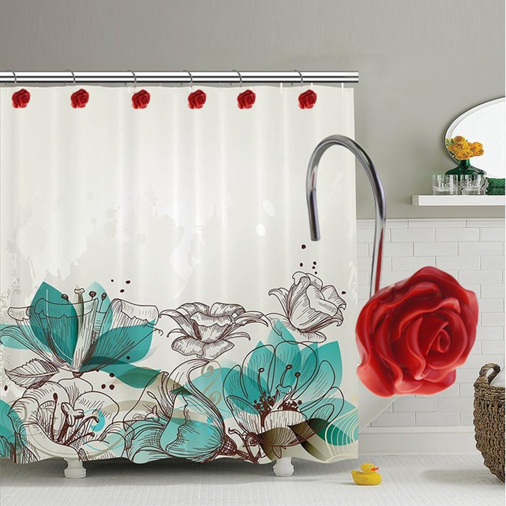 FINROS 12 PCS Home Fashion Decorative Anti Rust Shower Curtain Hooks Rose Design Shower Curtain Rings Hooks (RED): Home & Kitchen