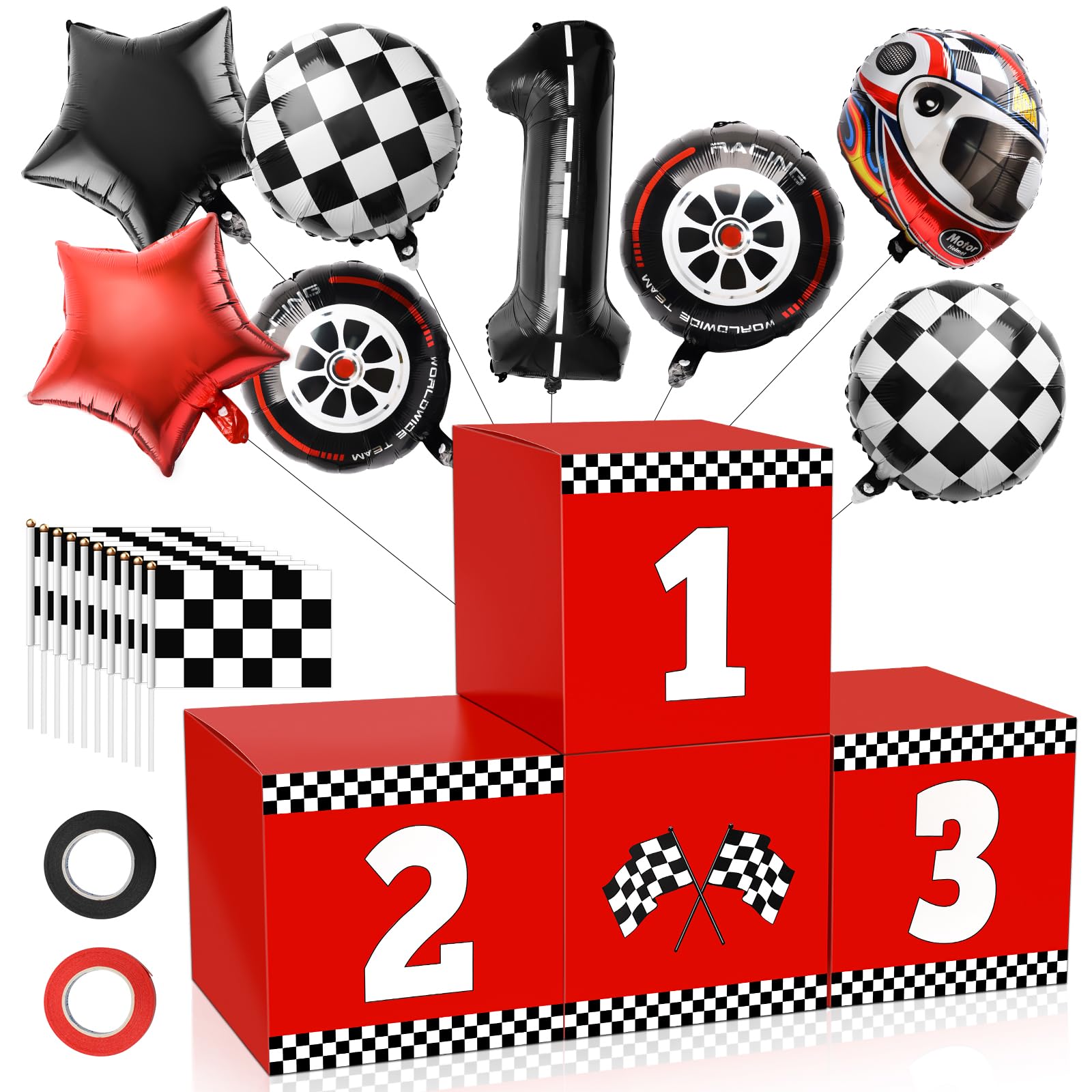Photo 1 of 4+18 P Racing Car Party Boxes, Windspeed 4 Racecar Boxes for Racing Car Themed Birthday Party Fast One Birthday Decorations with 10 Checkered Flags 8 Race Car Theme Balloons