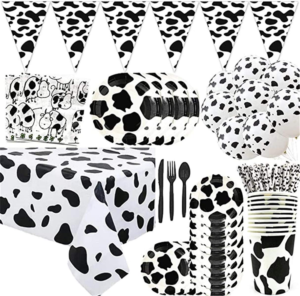 FAIRYRAIN 112 Pcs Farm Cow Theme Birthday Party Animal Party Cow Disposable Tableware Decorations Set For Boys and Girls Birthday Serves 10