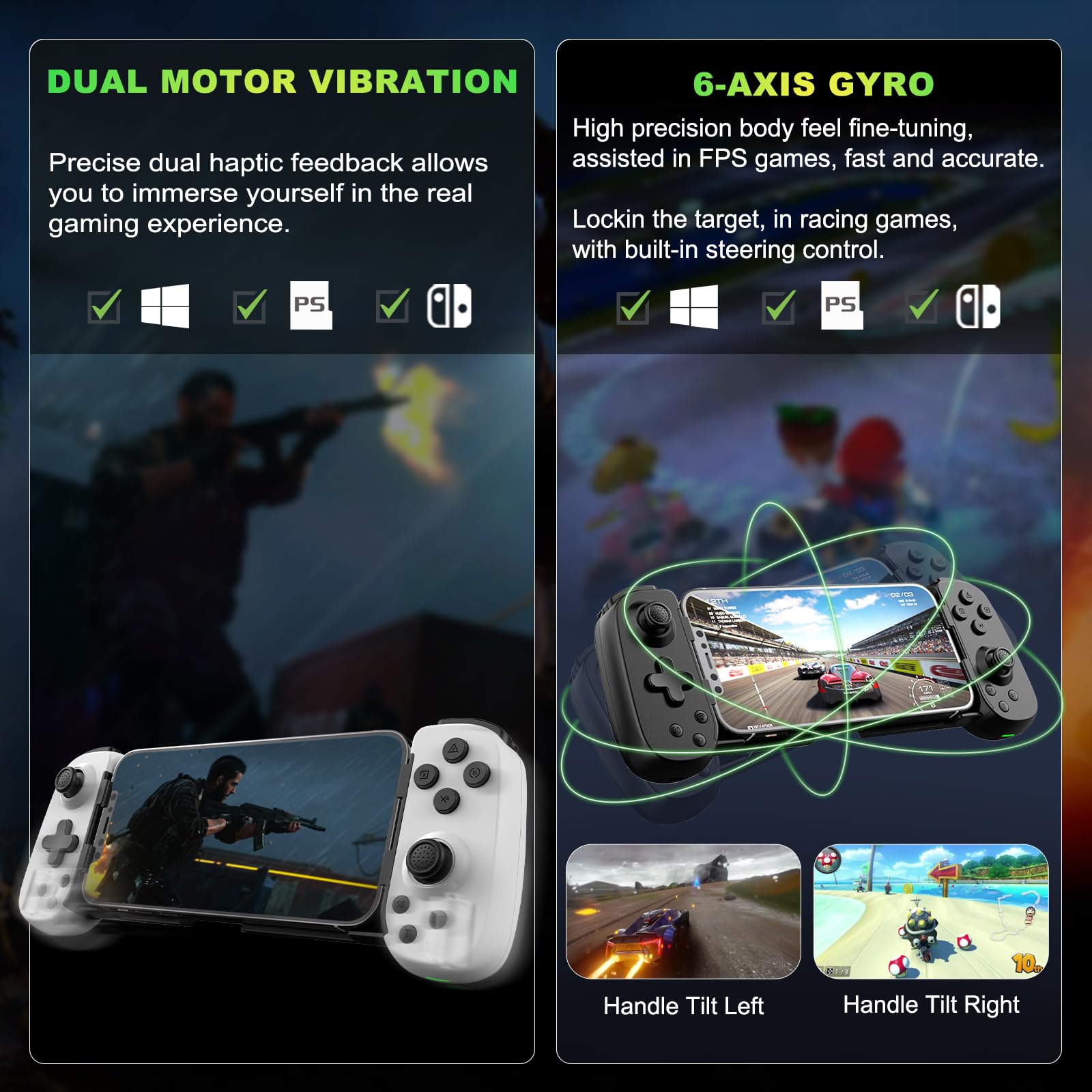 Koiiko Phone Game Controller for iPhone/Android/PC/Switch, Wireless, Play COD, Genshin, Diablo, Support Streaming on PS5/PS4/Xbox/PC Console, Cloud Gaming, Turbo/6-Axis Gyro/Dual Motor