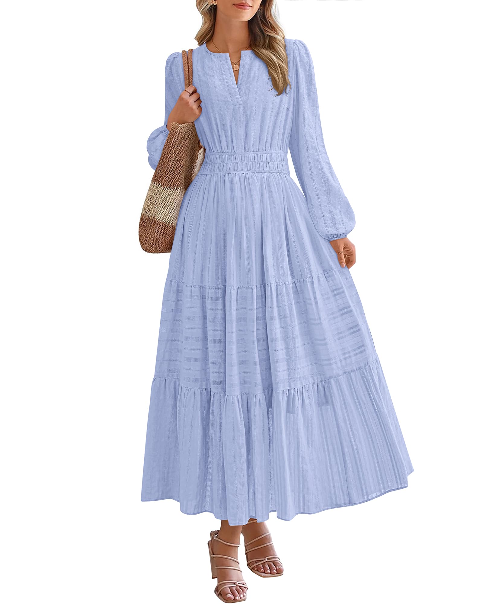 Photo 1 of BTFBM Fall Dresses for Women 2025 Casual Long Sleeve V Neck Elastic Waist Lightweight Maxi Wedding Guest Dress Pockets(Light Blue, Large)