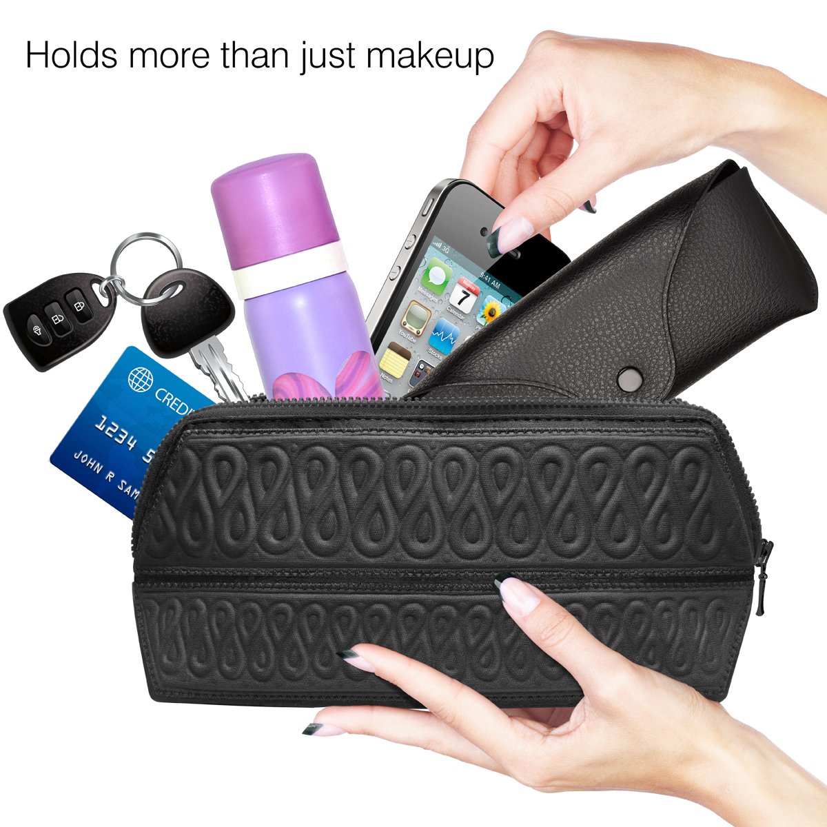 MetricUSA Cosmetic Makeup Bag Case Organizer Fits Even Longest Makeup Brushes is Water Repellent Travel Clutch Purse Toiletry Bag is Portable Soft and Beautiful Premium Quality Foldable Design (Black)