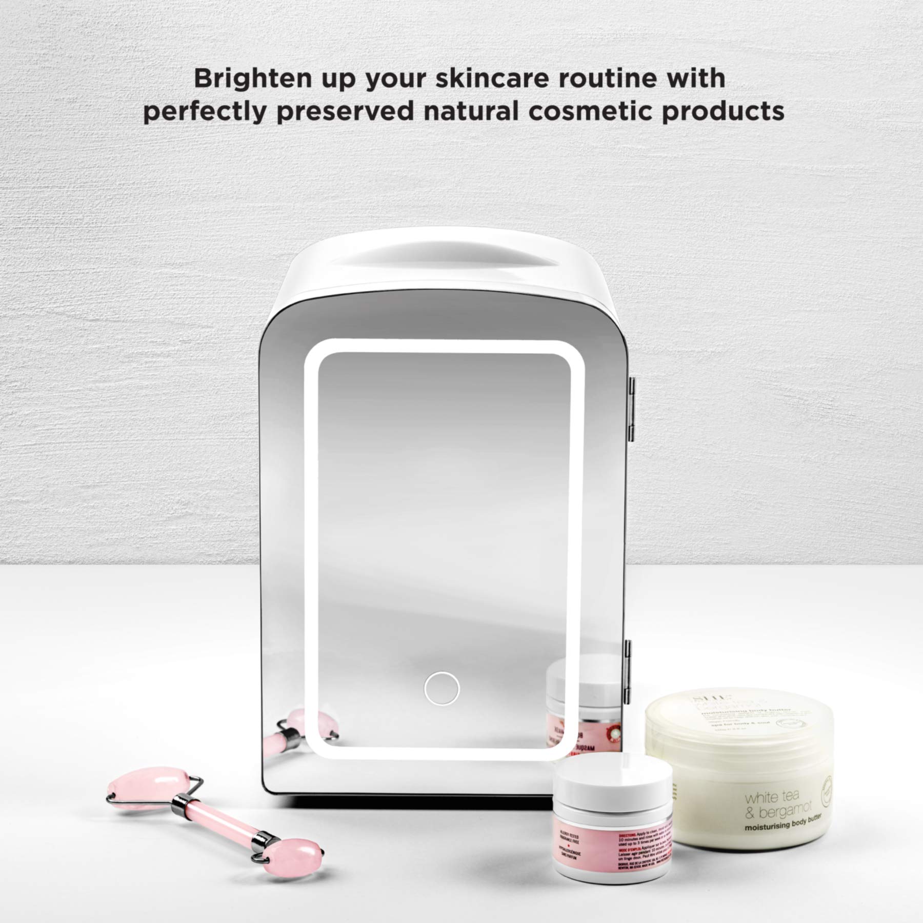 Chefman - Iceman Portable Mirrored Beauty Fridge With LED Lighting 4L Mini Refrigerator, Skin Care, Makeup Storage, w/Mirror & Light, Chill Serums And Face Masks, For Desktop Or Travel, Cool & Heat