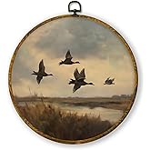 QZQE Vintage Flying Duck Round Wall Art Decor Framed, Rustic Country Countryside Circle Canvas Prints, Farmhouse Waterfowl Fa