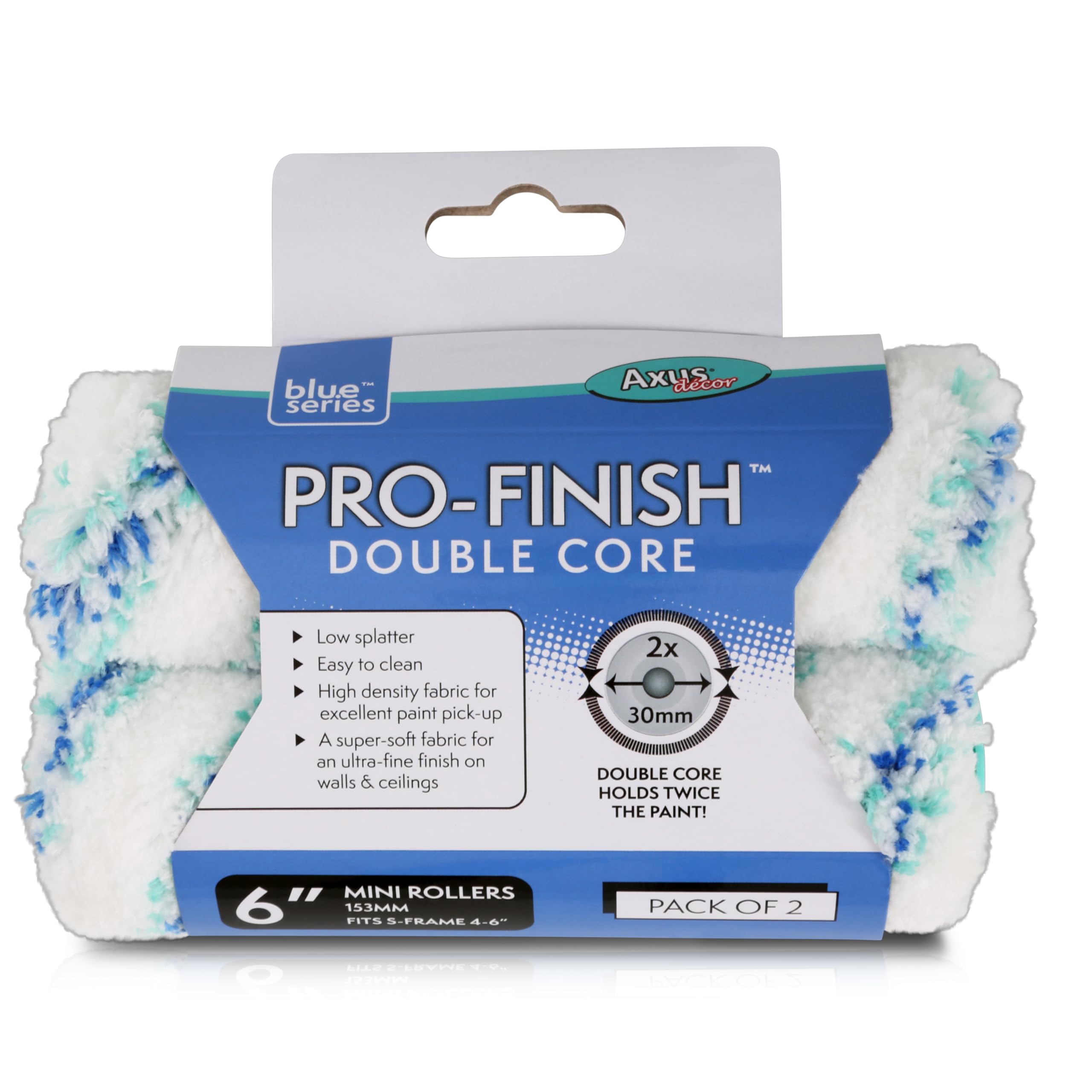 Axus Decor Pro-Finish Roller, Medium Pile (Blue Series) Ultra Fine Finish, for Smooth & Semi Smooth Walls & Ceilings, for Mini Handles (6"/150mm Double Core,2 Pack)