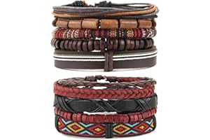 HZMAN Wrap Bracelets Men Women, Hemp Cords Wood Beads Ethnic Tribal Bracelets, Leather Wristbands
