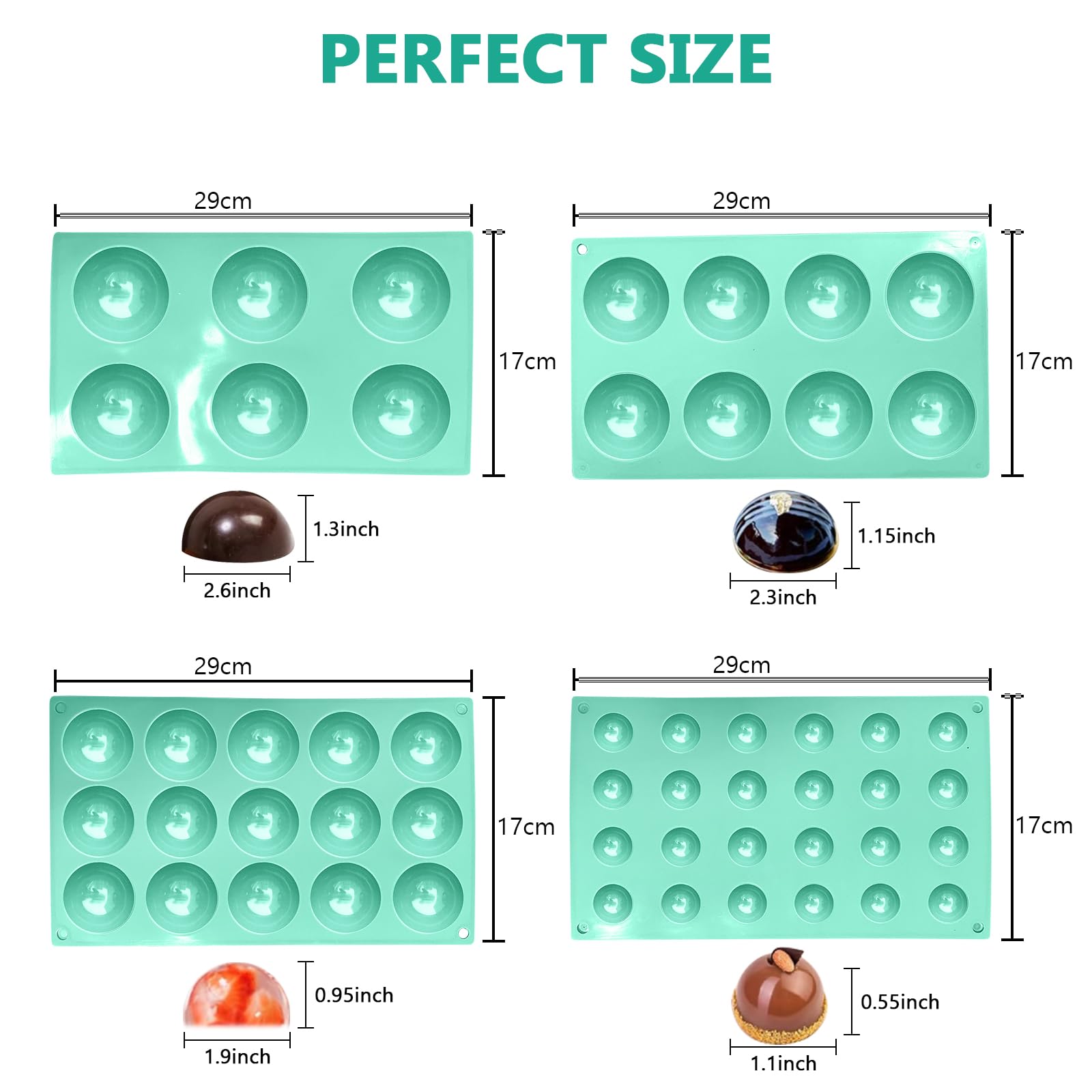 Zorazio Semi Sphere Silicone Chocolate Mold，Half Sphere Silicone Baking Mold,Semi Circular Silicone Mold for Making Chocolate, Cake, Jelly, Dome Mousse (6,8,15,24 Cavity), Green, Z-005