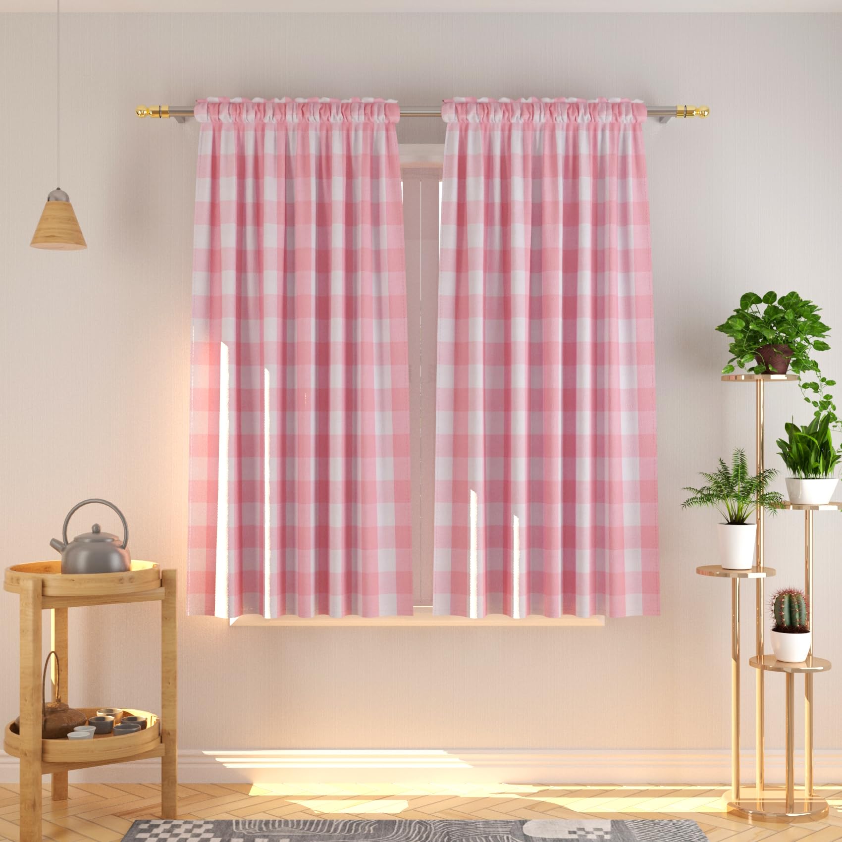 Natus Weaver Buffalo Check Curtains 45 inches Long Cotton Basement Pink and White Gingham Plaid Kitchen Window Curtain Panels Living Room Checker Drapes Bedroom Rod Pocket Window Treatment 2 Panels
