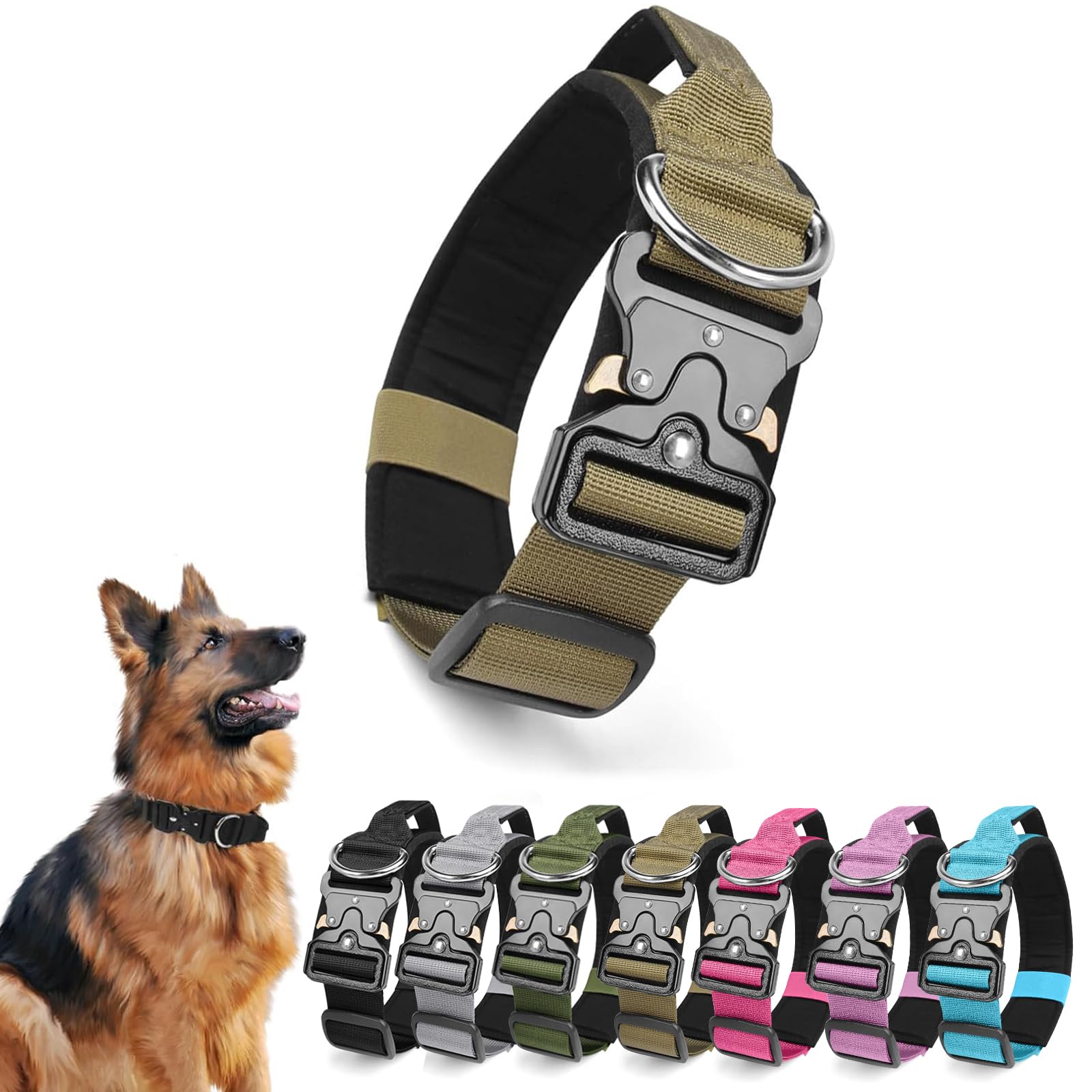 Ledeak Tactical Dog Collar, Padded Adjustable Polypropylene Soft Dog Collars, Heavy Duty Breathable Strong Training Dog Collar with Handle and Heavy Duty Metal Buckle (Khaki, M)