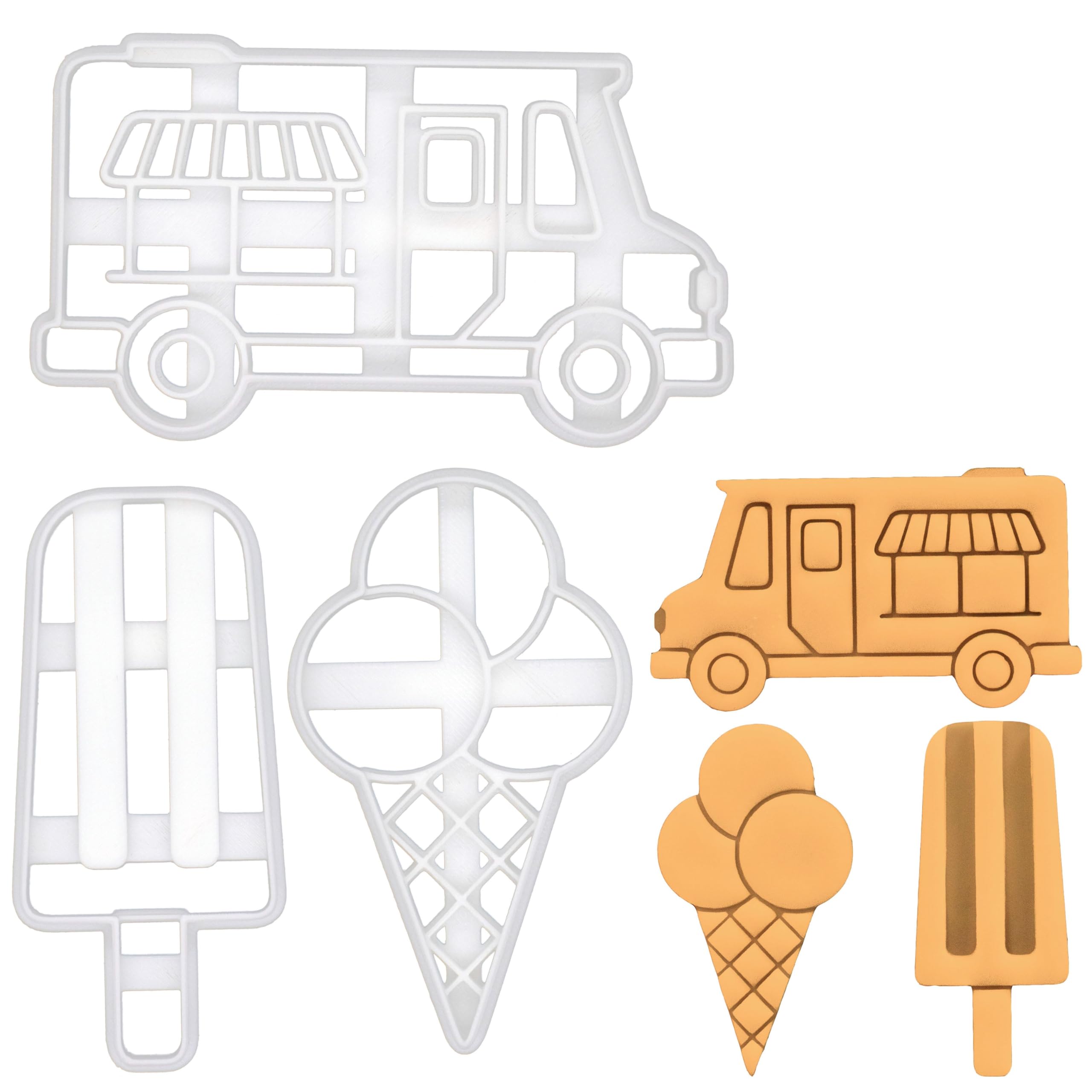 BAKERLOGY Set of 3 Ice Cream Themed Cookie Cutters (Ice Cream Truck, Cone, Lolly) - 3D Printed, Dishwasher Safe, Ideal for 5mm Dough Thickness