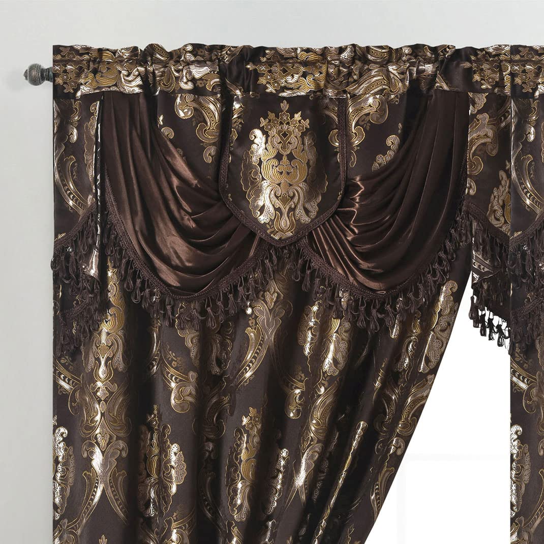 GOHD Luxe Love. Jacquard Window Curtain Panel Drape with Attached Fancy Valance. 2pcs Set. (Chocolate, 54" Wide x 84" Drop with 18" Valance x 2pcs)
