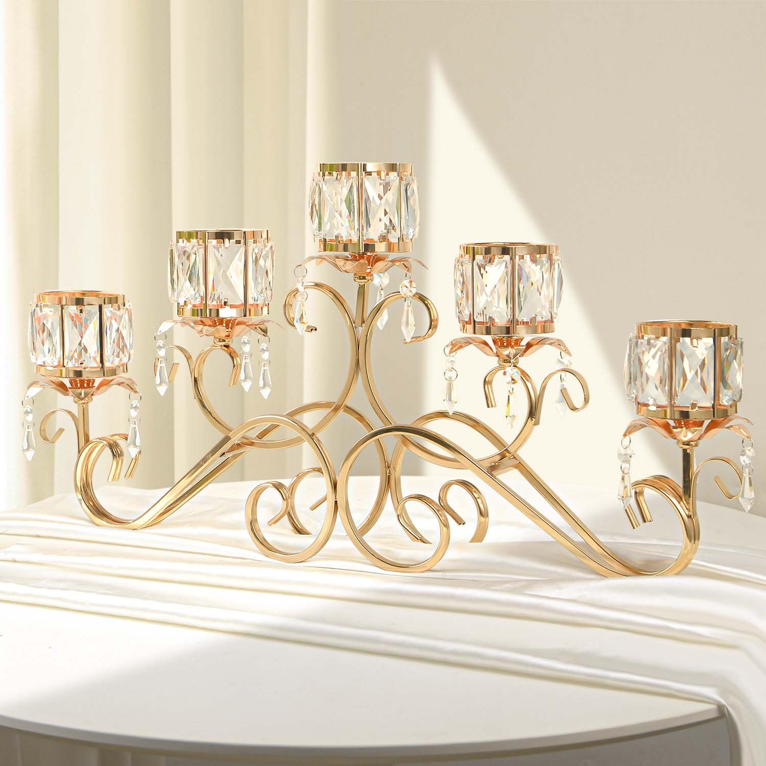 Photo 1 of Kolnlala Large Elegant 5 Arms Crystal Bowl Tealight Candle Holder/Candelabra Crystal Votive, 5-arms Candlestick Holder for Table Centerpiece Wedding/Party Home Decor(Gold, 5-Arm)