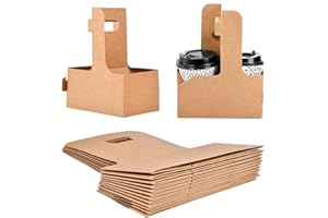 TINSKY 2 Cup 48 Count Disposable Drink Carrier with Handle, Supkiir Kraft Paperboard Cup Holder for Hot or Cold Drinks, to Go Coffee Cup Holder for Food Delivery Service, Brown