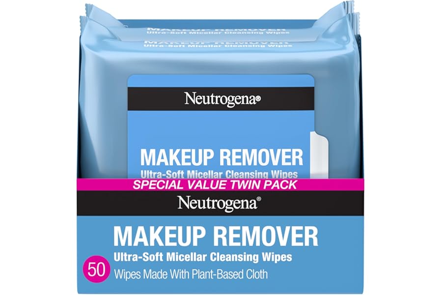 Neutrogena Makeup Remover Wipes Micellar Alcohol-Free Face Towelettes Remove Waterproof Mascara & Oil, Compostable 100% Plant-Based Cloth, Dermatologist & Ophthalmologist Tested, Twin Pack 2 x 25 ct