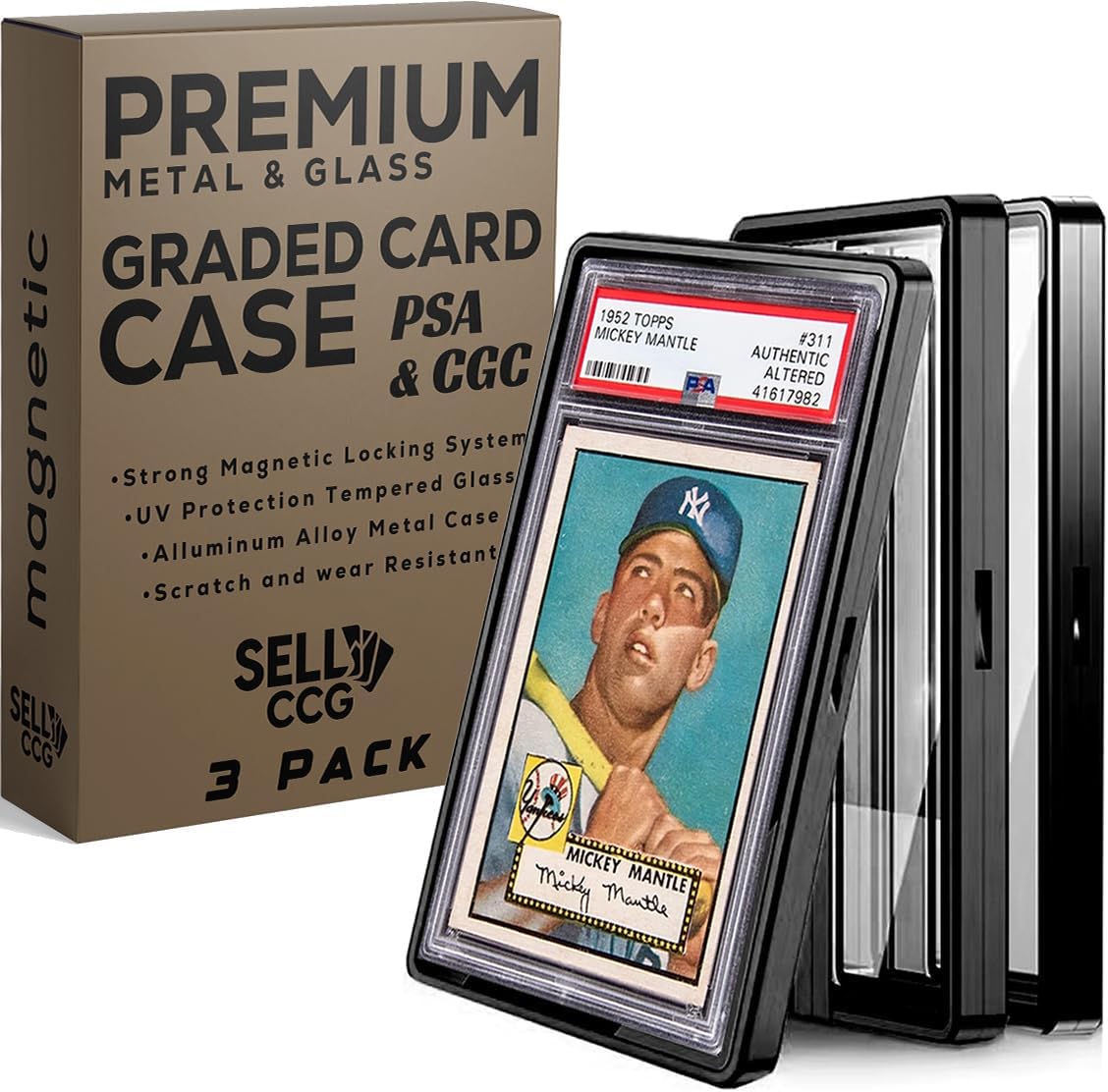 Photo 1 of (3-Pack) SellCCG PSA Slab Case Graded Card Guard PSA, TAG & CGC Metal Magnetic UV Protection Glass Display Bumper Box Protector