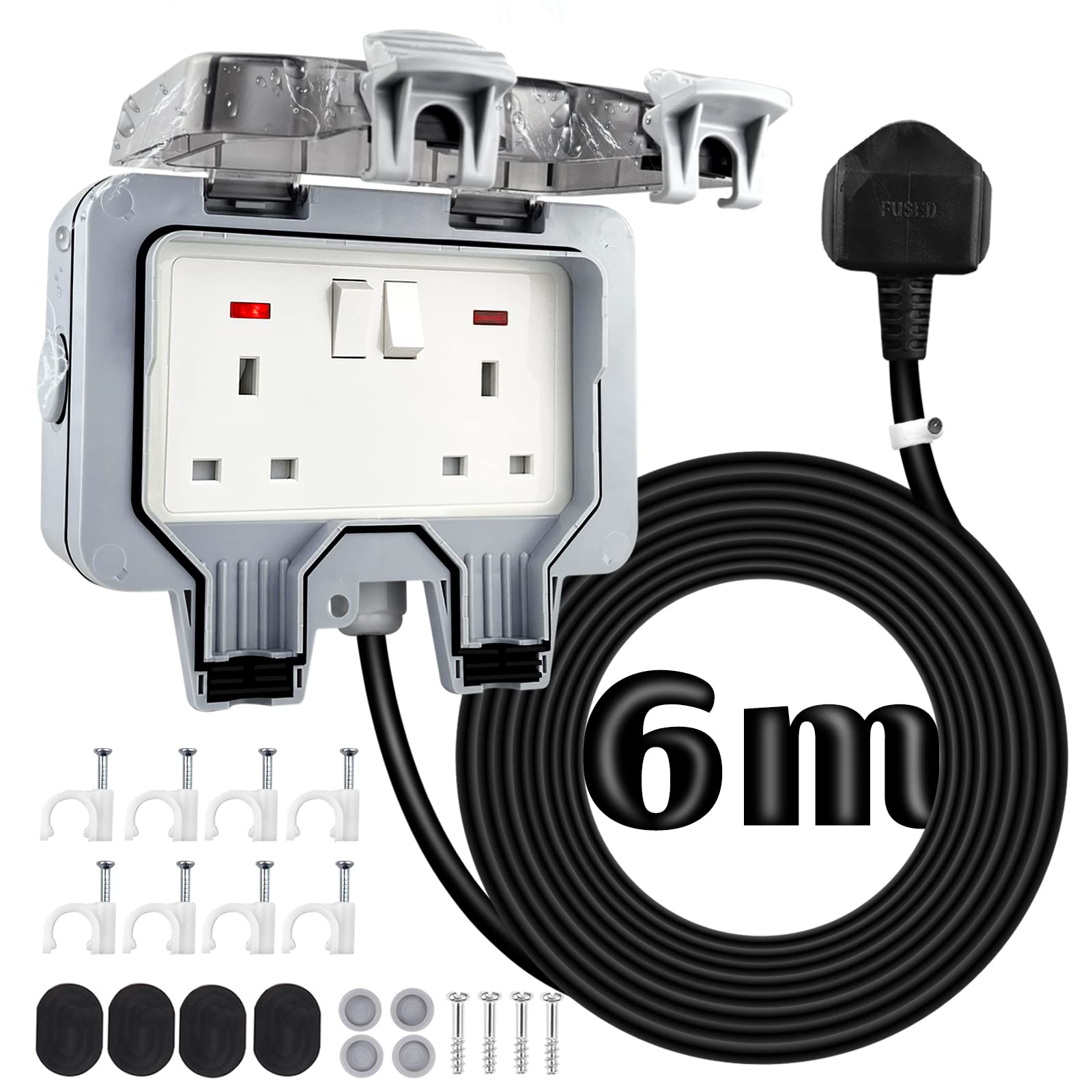 Outdoor Sockets Weatherproof with 6M/20FT Extension Cable, 2 Gang Extension Lead 6M Outdoor Socket Waterproof 13A IP66 Double Socket Outside Wall Electrical Switched Plug Sockets Box