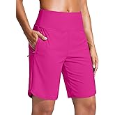 G Gradual Women's 9" Long Swim Board Shorts with Zipper Pockets High Waisted Knee Length Beach Swimming Shorts with Liner