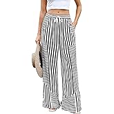 ZAFUL Womens Linen Pants Wide Leg Casual Palazzo Pants Striped Casual Drawstring Elastic Waisted Lounge Trousers with Pockets