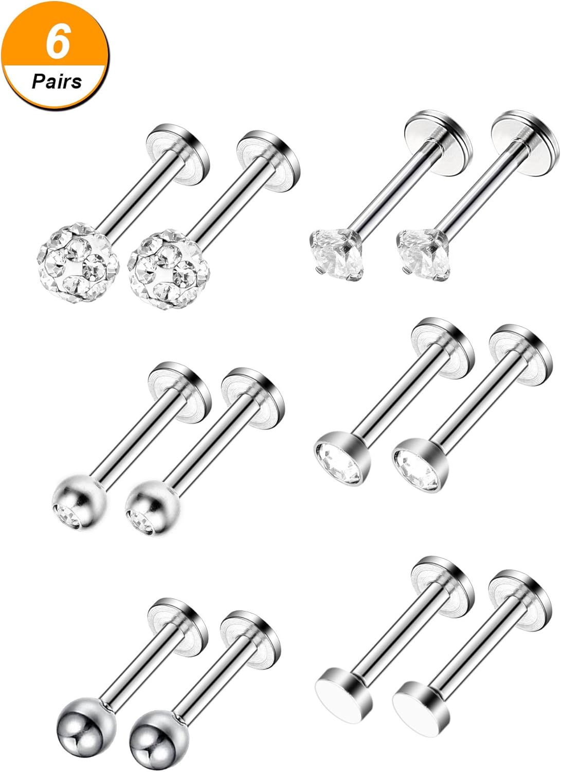 6 works Stainless Steel Nose Studs Tragus Bars Labret Bars Crystal Ball Body Piercing Jewelry, 6 Designs, 16 Gauge (Silver) - Image 5