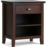 SIMPLIHOME Artisan 24" Wide Solid Wood Bedside Table in Russet Brown | Transitional solid wood nightstand, bedroom side or end table with 1 drawer and open shelf storage for bedside essentials.