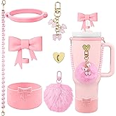 Hpebl 7PCS Bow of Stanley Cup Accessories Set 30/40 Oz Pearl Charms for Stanley Decorations Water Bottle Tumbler Accessories Including Bow Straw Topper, Pom Pom Keychain, Tumbler Boot 30/40 Oz