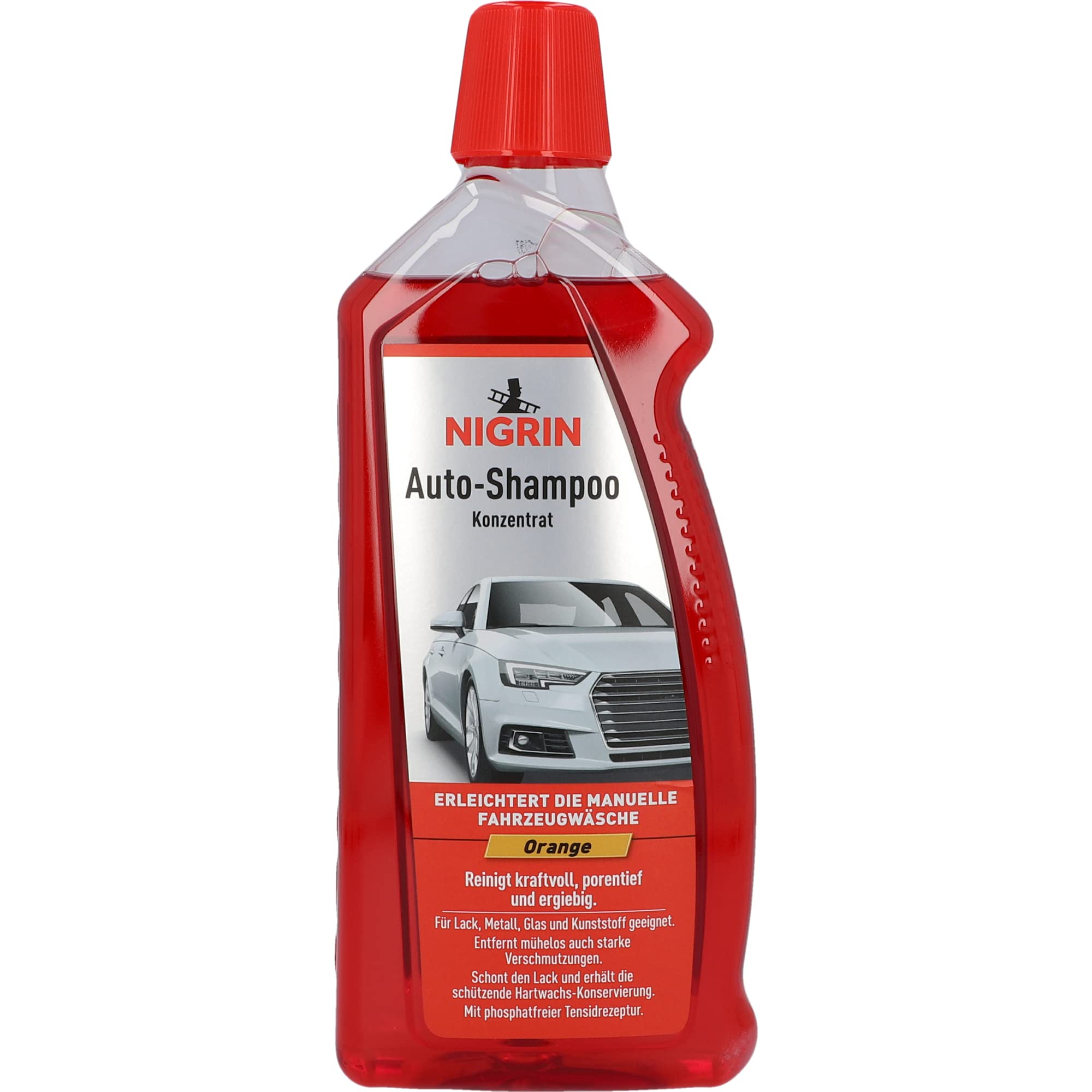 NIGRIN Autoshampoo Konzentrat, 1 Liter, entfernt auch starke Verschmutzungen, schont Lack- und Kunststoffoberflächen, mit Orangen-Duft, Orange
