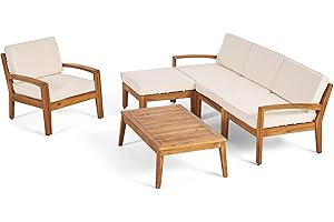 Great Deal Furniture Sally 4-Seater Sectional Sofa Set for Patio with Club Chair, Ottoman, and Coffee Table, Acacia Wood, Teak Finish with Beige Outdoor Cushions