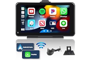 HIKITY Portable Apple Carplay Screen Wireless Apple Car Play Android Auto, 7 Inch Touchscreen Wireless Carplay Screen for Car Support Apple Airplay Voice Control FM Bluetooth AUX