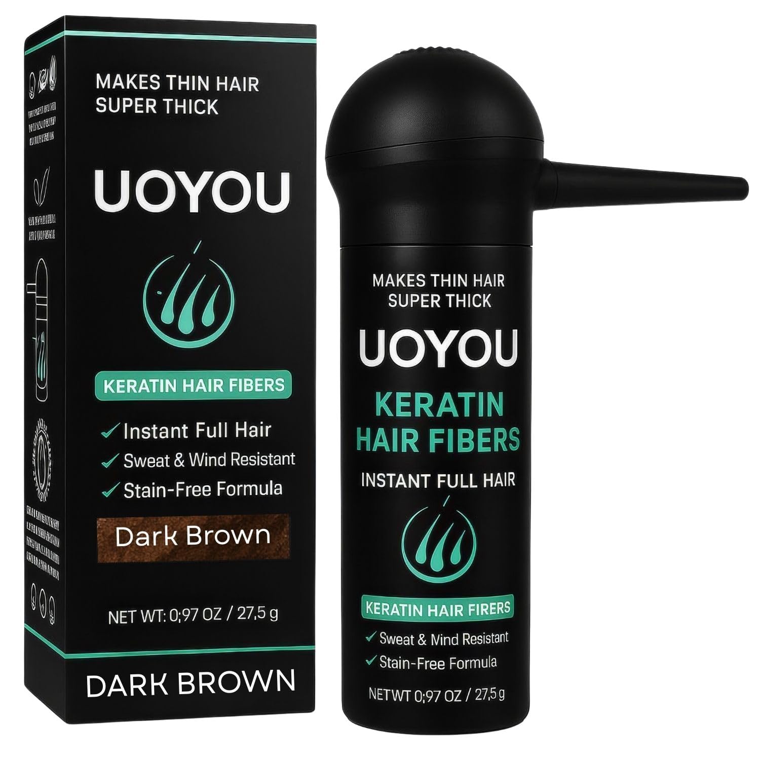 UOYOU Hair Fibres DARK BROWN 27.5g with Pump Applicator – Natural Keratin Hair Building Fibers for Thinning Hair – Undetectable, Sweat- & Wind-Resistant Concealer for Men & Women