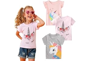 HILEELANG Girls' Tees Ruffle Short Sleeve T-Shirt Cotton Casual Graphic Summer Crewneck Tunic Tops