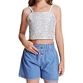 CharmWM Girls Sleeveless Tank Top Sequin Spaghetti Strap Crop Cami Camisole Sparkly Dance Blouse