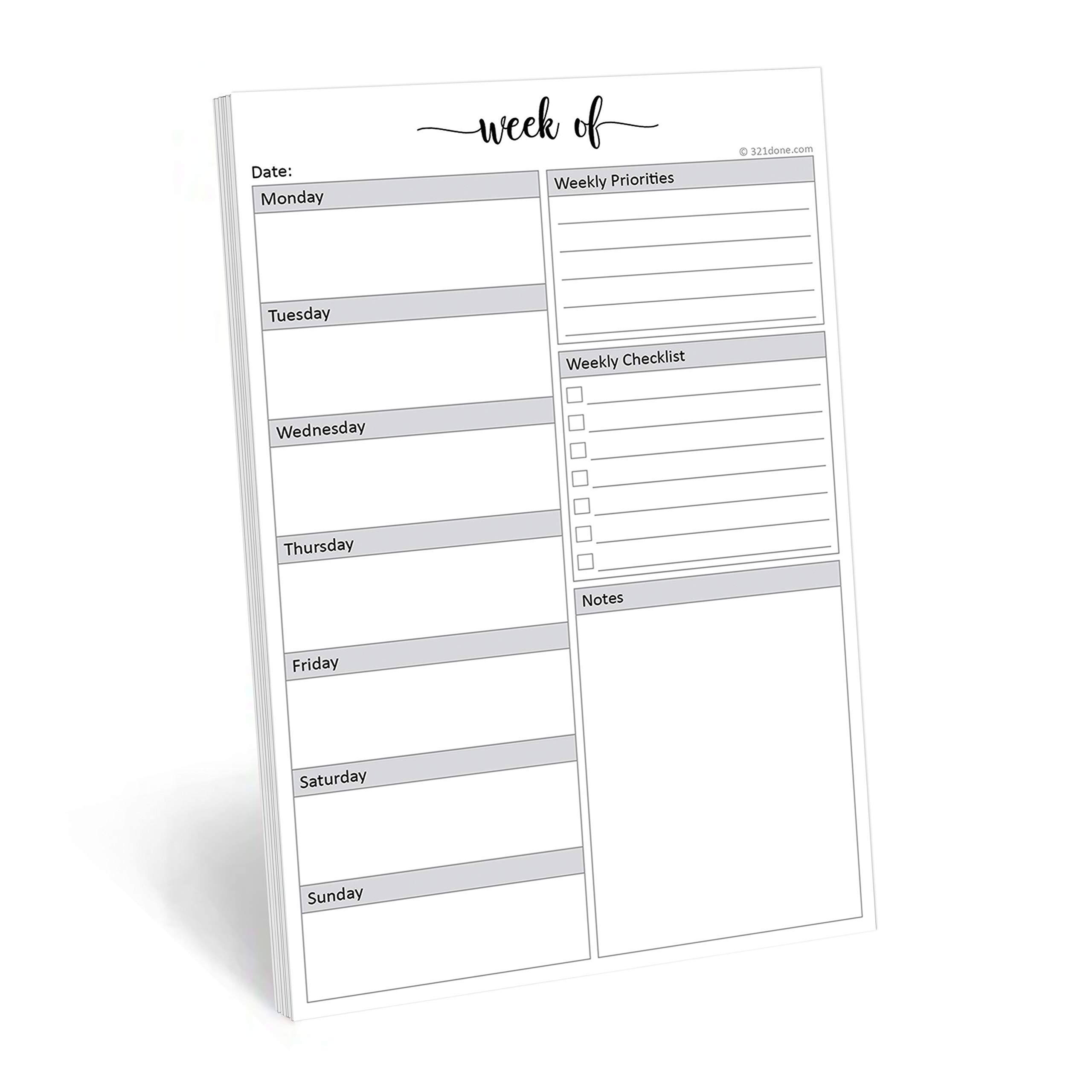 321Done Weekly Planning Notepad - 50 Sheets (5.5" x 8.5") - Week Priorities to Do List Tear-Off Pad, Planner Checklist Organizing - Made in USA - Simple Script