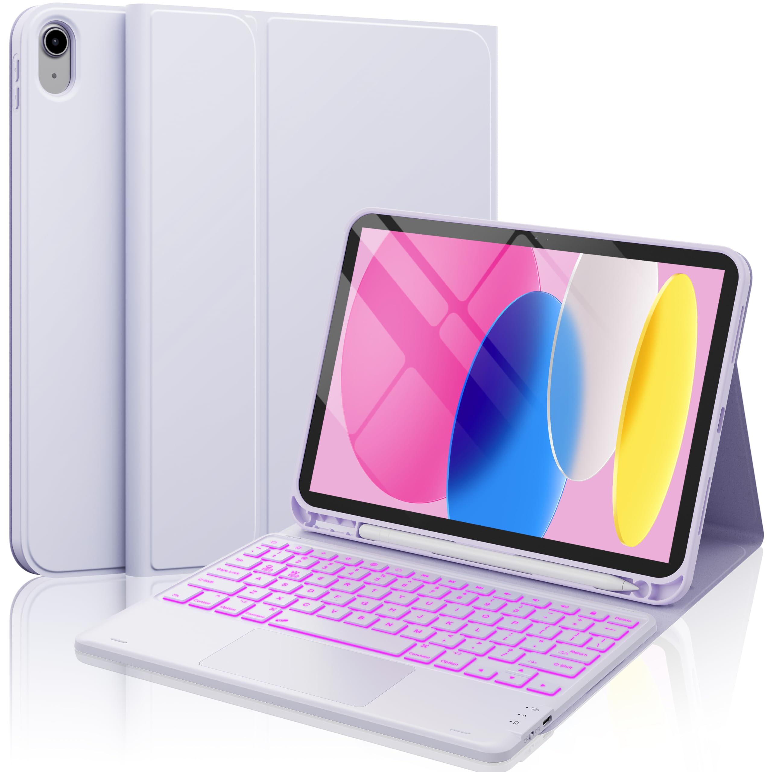 Photo 1 of CHESONA for iPad 10th Generation Case with Keyboard, 7 Color Backlight, Multi-Touch Trackpad, Flip Stand Case with Pencil Holder, 2 Wireless Channels for iPad (A16) 11th/10th Gen 2025/2022, Purple