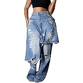 LETSVDO Women Ripped Patchwork Jeans Straight Wide Leg Asymmetrical Double Waist Denim Pants Baggy Y2k Trouser Streetwear