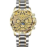 GLENAW Automatic Watches for Men, Tiger Dial Rhinestone Scale Men's Waterproof Watch Stainless Steel Strap Gold Pattern 12 Hours Week Mechanical Watch