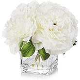 ENOVA HOME Silk Peony Flowers Arrangements in Cube Glass Vase with Faux Water for Home Table Wedding Centerpiece Decoration (Cream)
