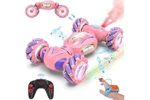 Fosgoit Pink Remote Control Car Toys Gifts for Girls 6-12, with Light & Music & Spray, 2.4Ghz 4WD Double-Sided 360° Rotating Gesture Sensing RC Stunt Car, Birthday for Girls Kids