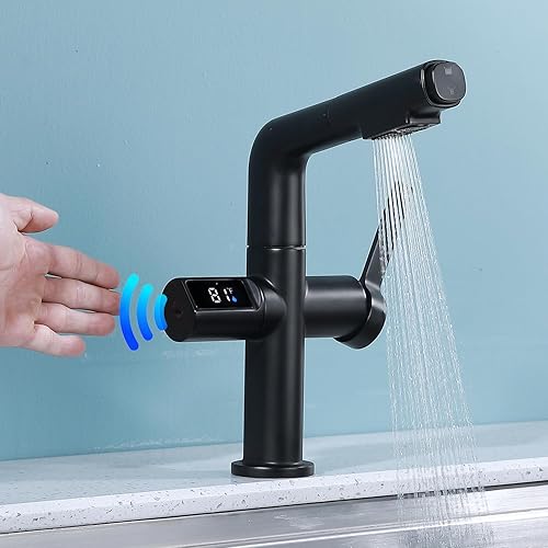Kmeino LED Bathroom Faucet with Pull Out Sprayer, Matte Black Touchless Bathroom Sink Faucet Temperature Digital Display Kitchen 1 Hole Single Handle Sensor Faucet for Farmhouse RV Kitchen Sink