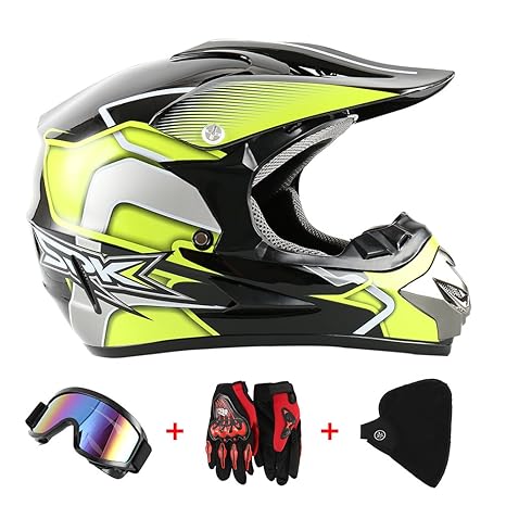 Motocross Helm Cross Helme Motorradhelm Schutzhelm für Motorrad Crossbike Off Road Enduro Sport mit Handschuhe Sturmmaske und Brille 58-59CM (Schwarz+Gelb)