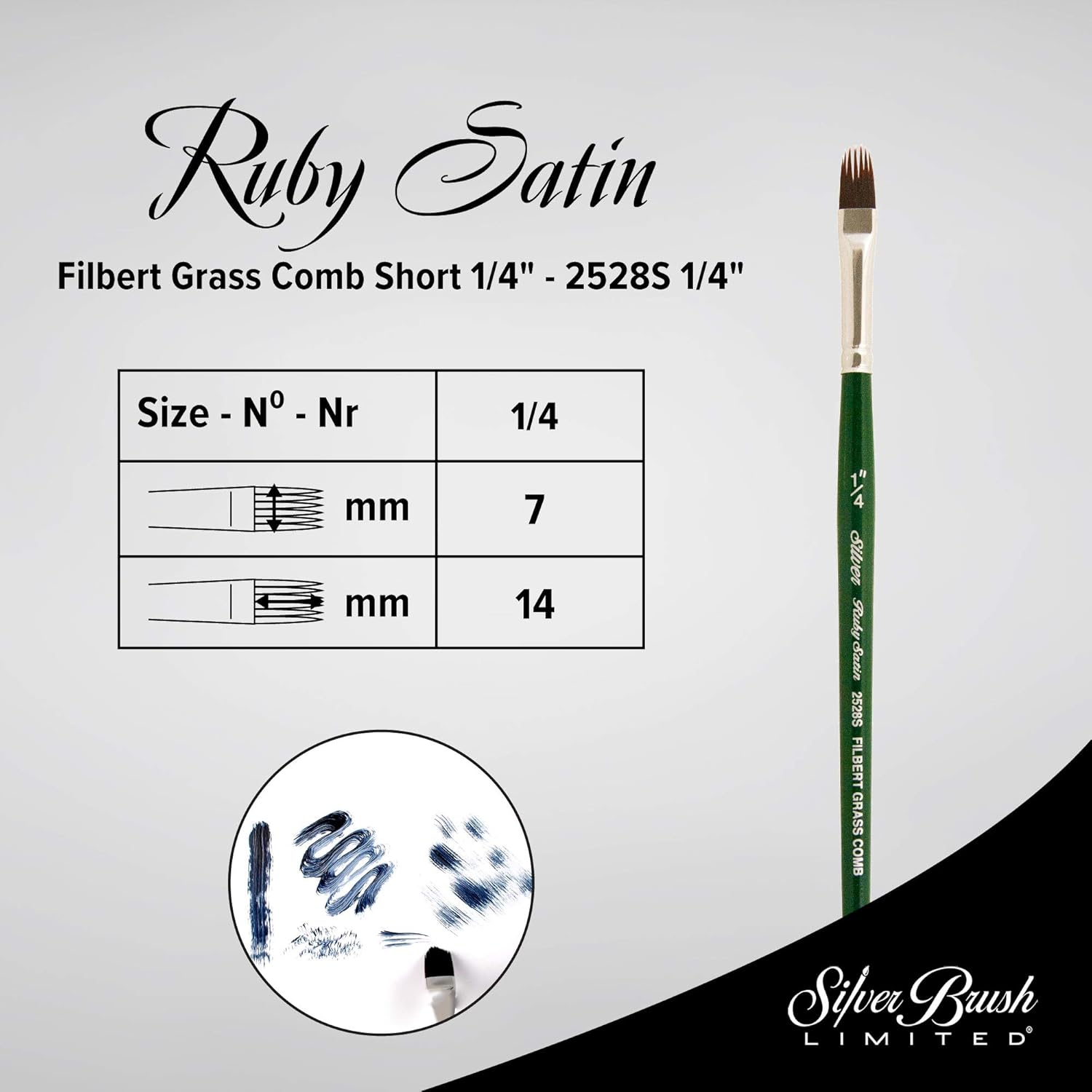 Silver Brush Limited 2528S Ruby Satin Filbert Grass Comb Brush Fluid and Flow Acrylics, Size 1/4 Inch, Short Handle