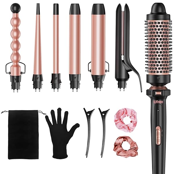 UFREE 7-IN-1 CURLING IRON SET WITH INTERCHANGEABLE CERAMIC BARRELS, CURLING WAND SET WITH THERMAL BRUSH, HAIR STRAIGHTENER AND WAND CURLING IRON, VERSATILE STYLING HAIR CURLERS SET, GIFTS FOR WOMEN