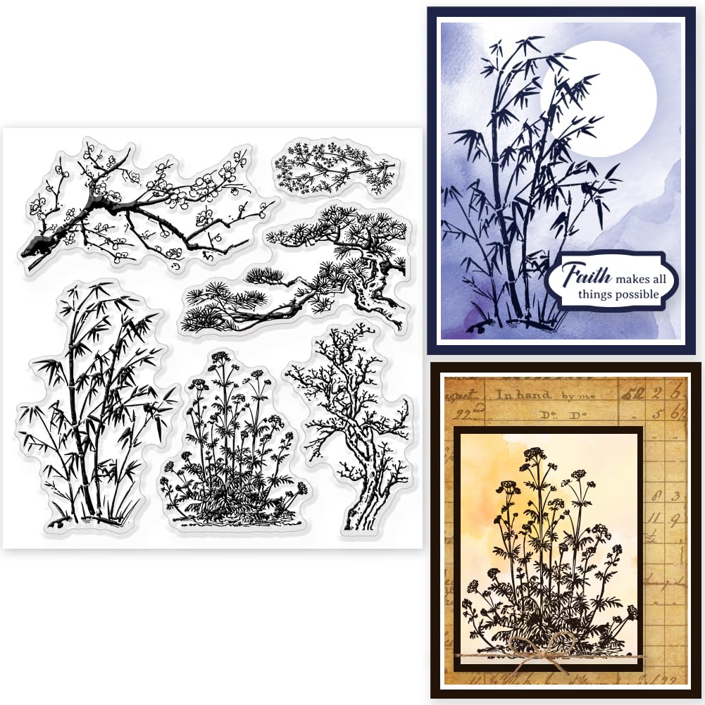 GLOBLELAND Plant Bamboo Pine Clear Stamps Plant Bamboo Pine Flower Silicone Stamps for Card Making and Photo Album Decor Decoration and DIY Scrapbooking
